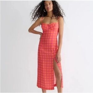 J. Crew Pink and Orange Checkered Pencil- gingham invite corset midi dress